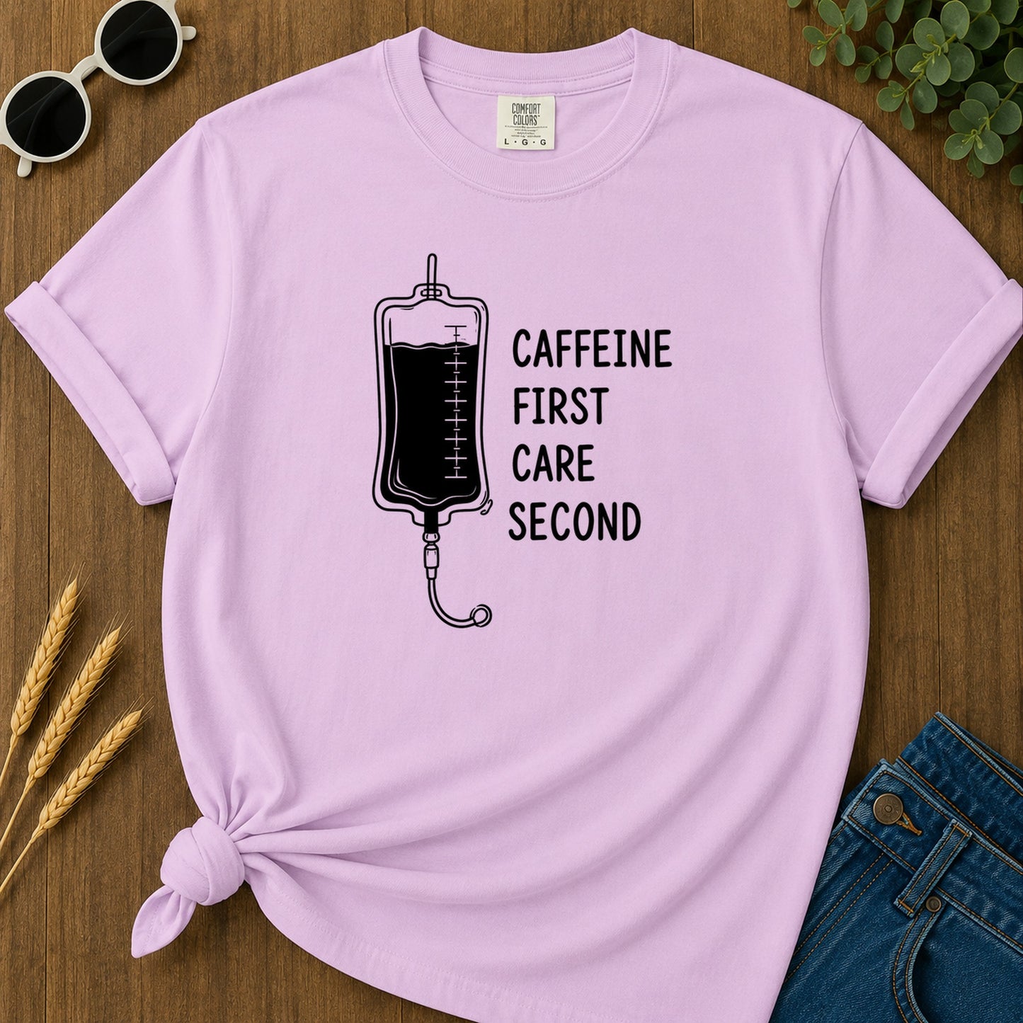 Caffeine First Care Second 110 T-Shirt - Orchid Mockup