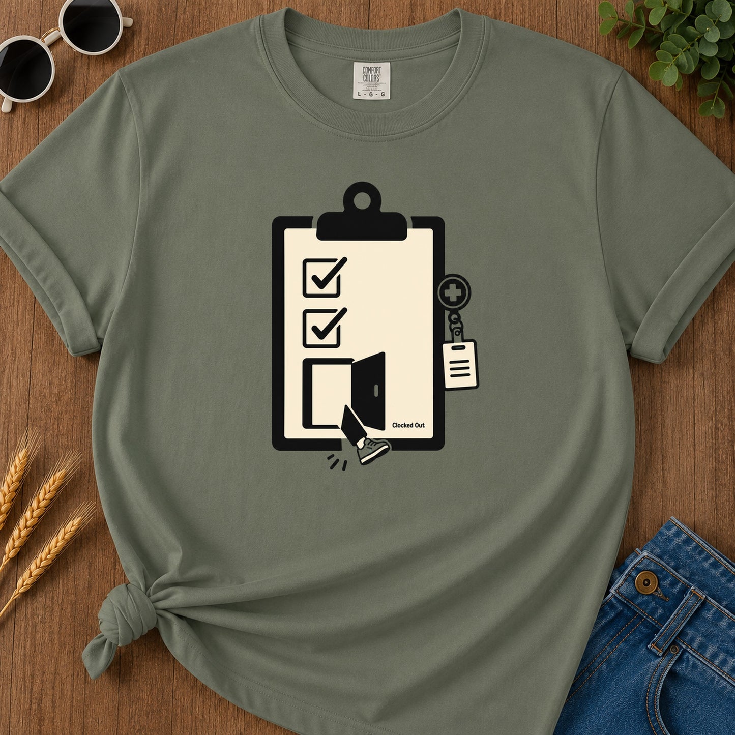 Clocked Out T-Shirt - Moss Mockup