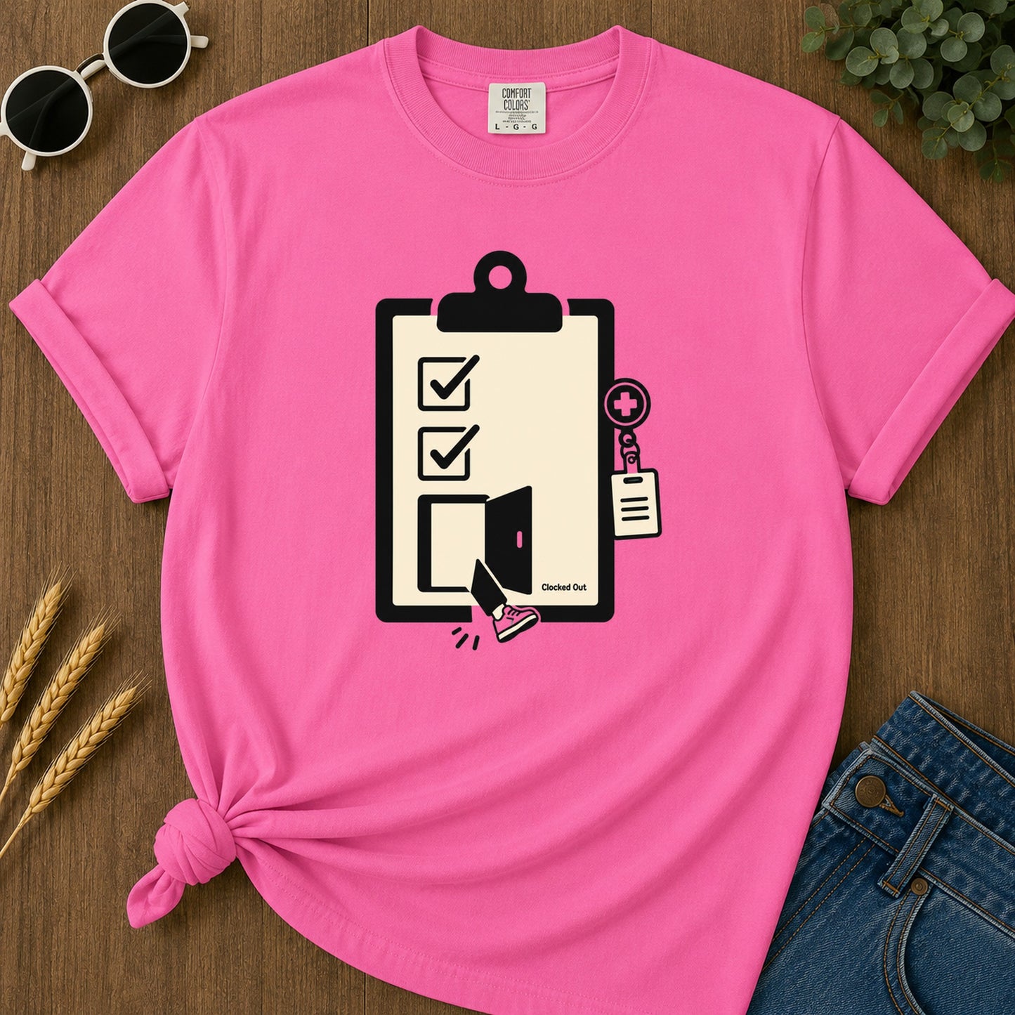 Clocked Out T-Shirt - Neon Pink Mockup