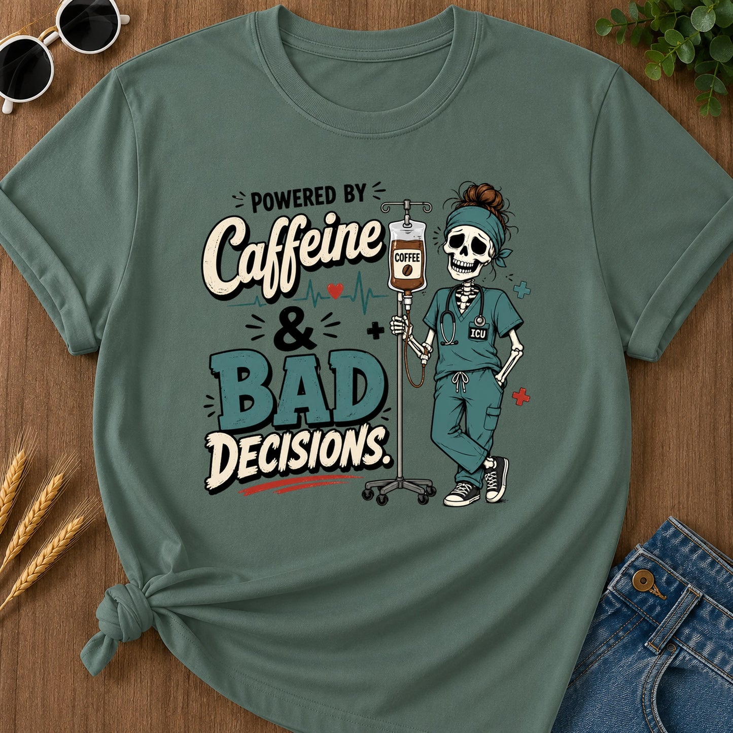 Powered Caffeine T-Shirt - Blue Spruce Mockup