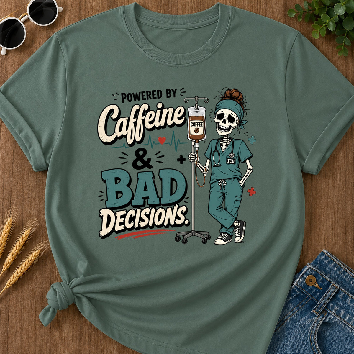 Powered Caffeine T-Shirt - Blue Spruce Mockup