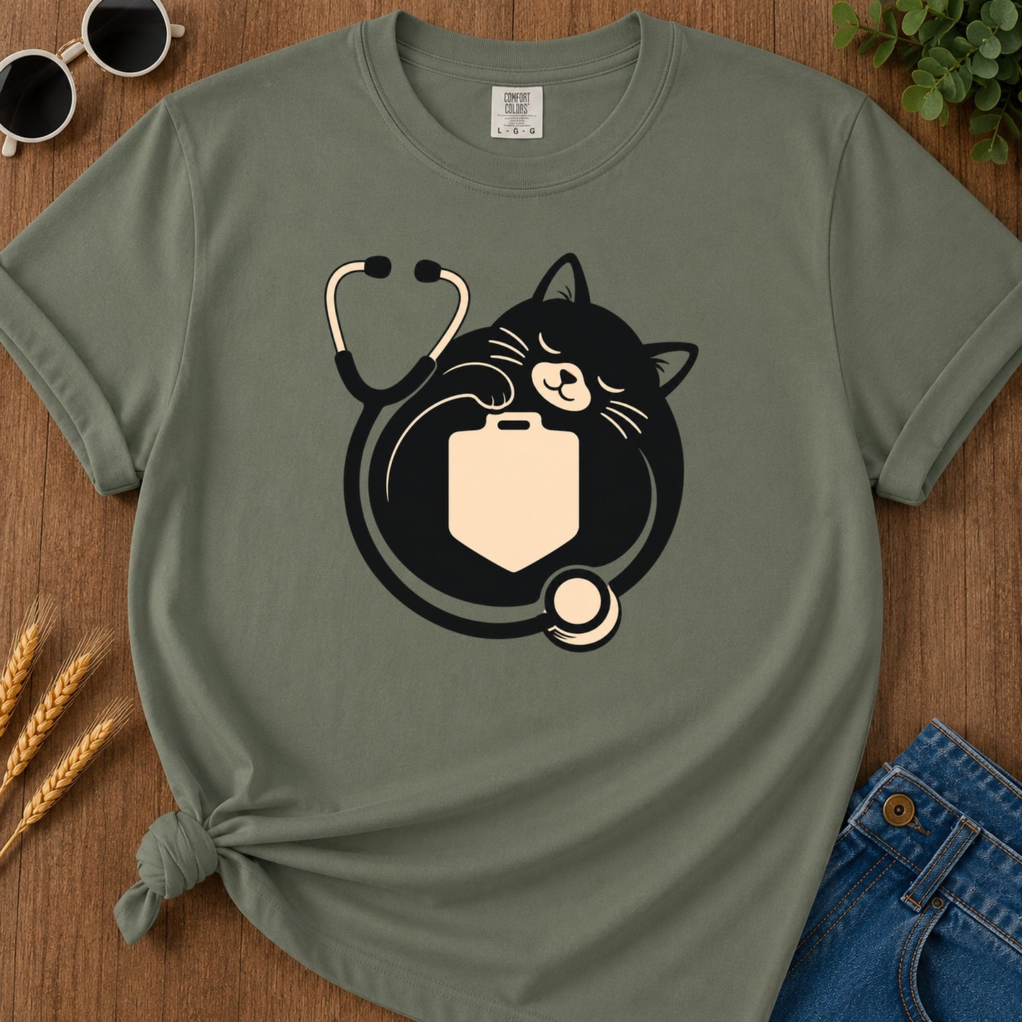 Cat Nurse T-Shirt - Moss Mockup