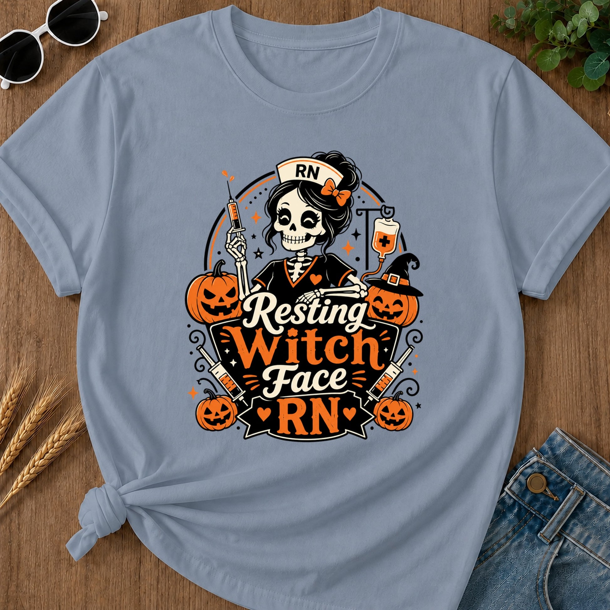 Resting Witch Face T-Shirt - Blue Jean Mockup