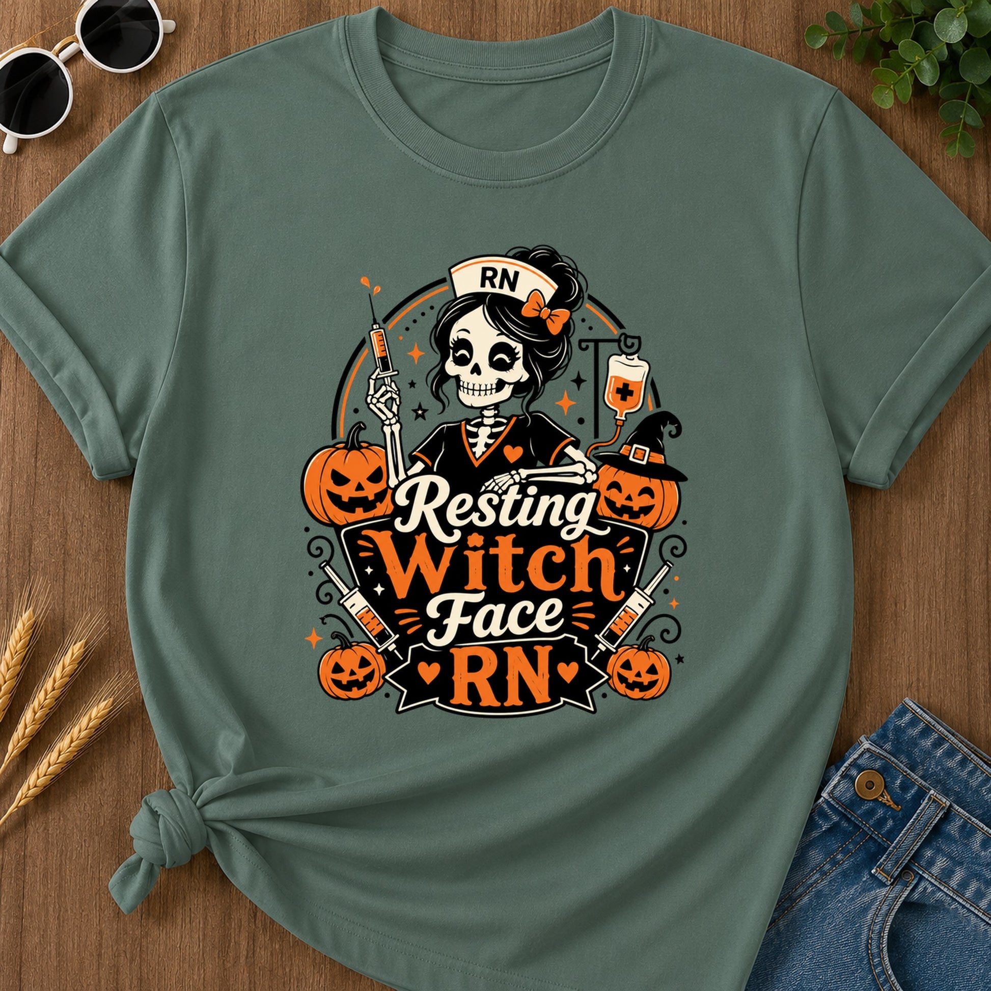 Resting Witch Face T-Shirt - Blue Spruce Mockup