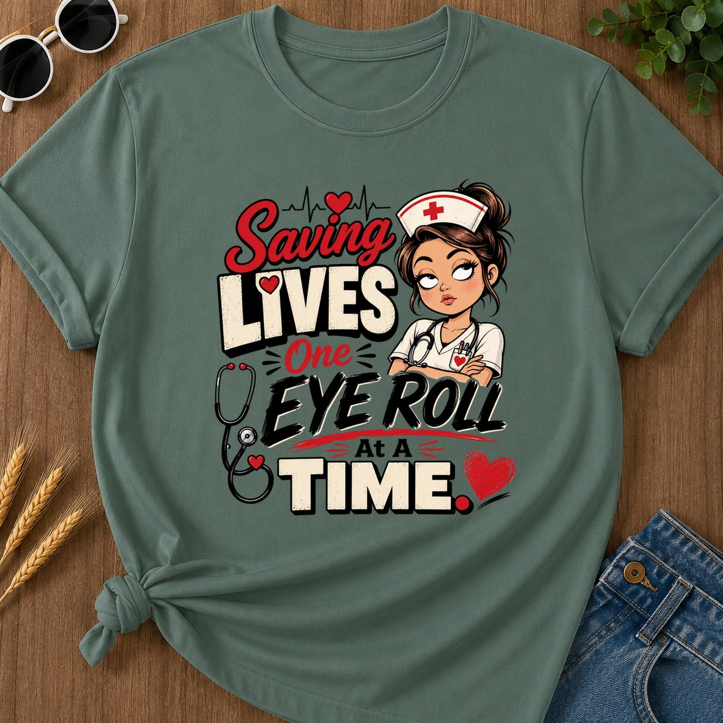 One Eye Roll T-Shirt - Blue Spruce Mockup