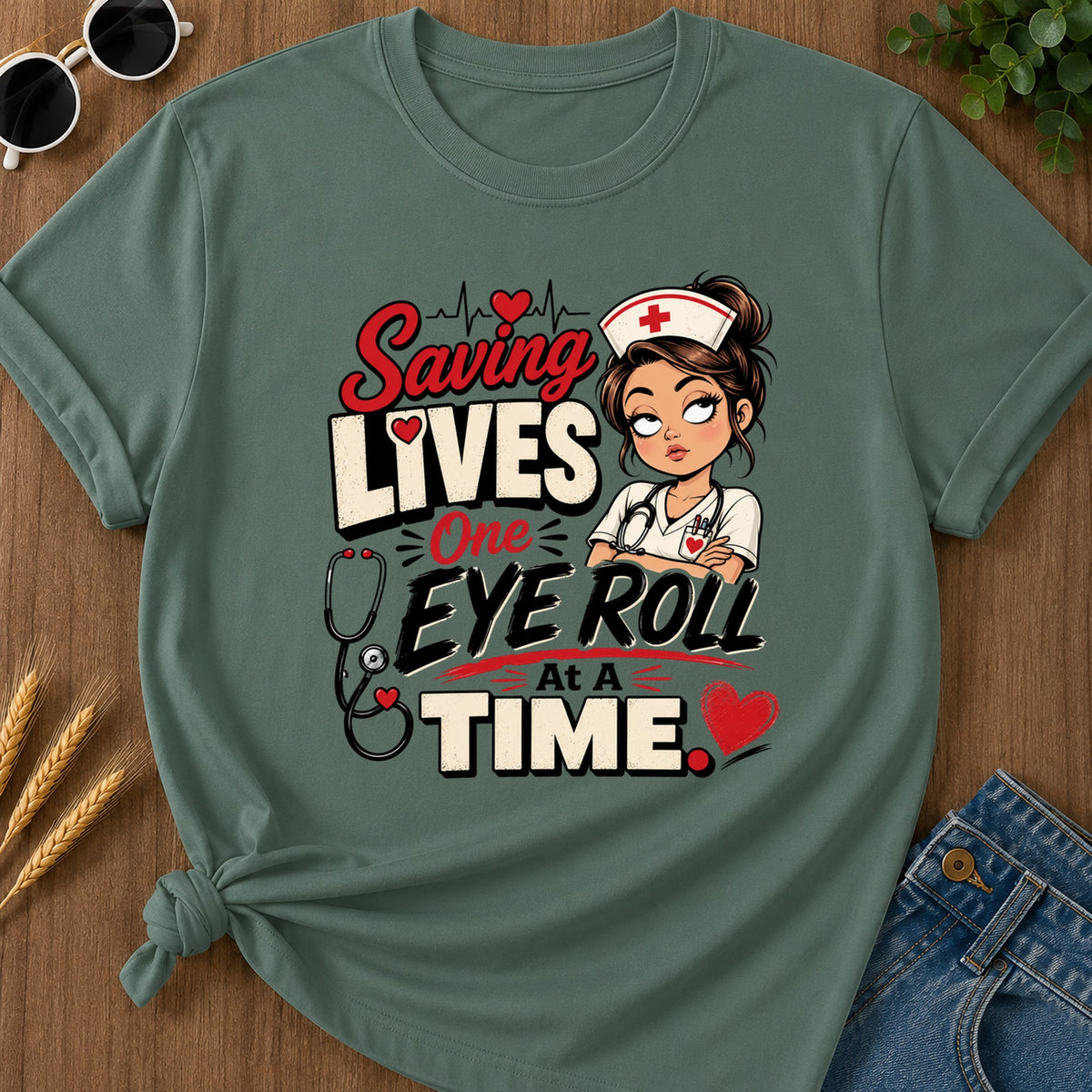 One Eye Roll T-Shirt - Blue Spruce Mockup