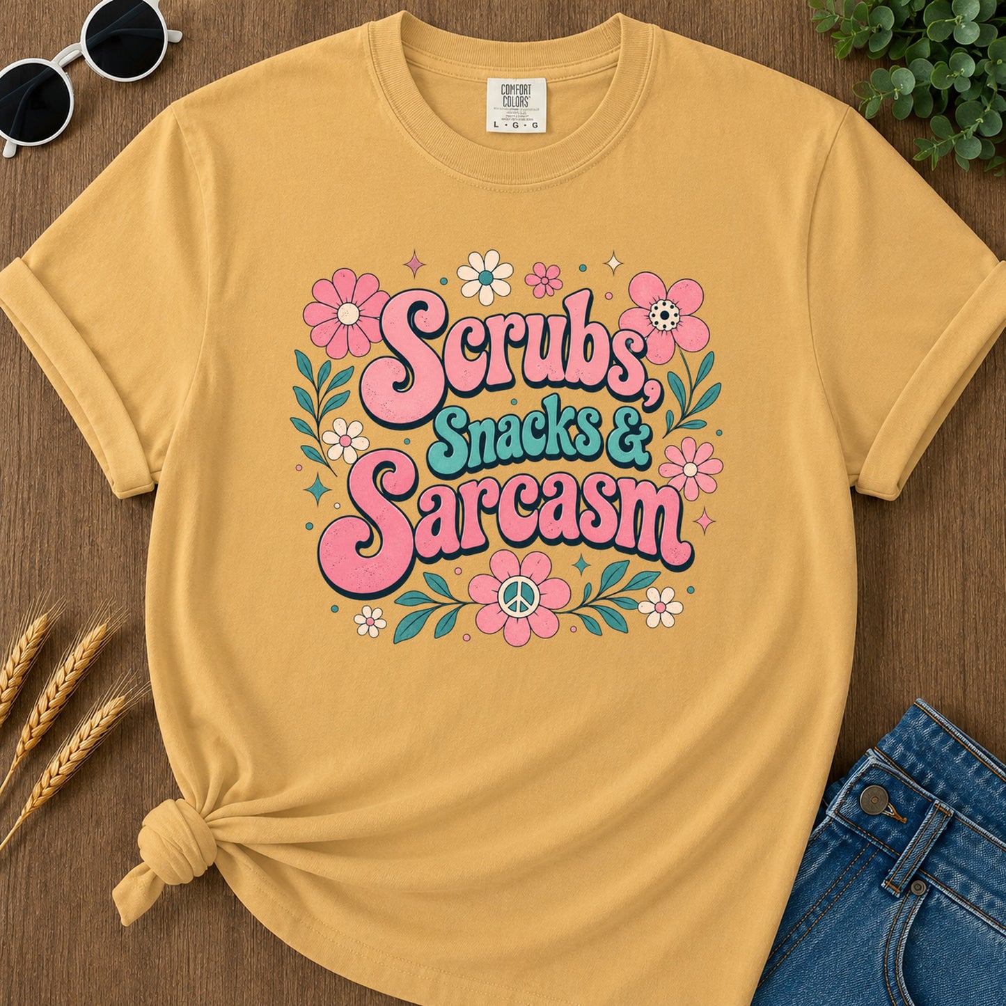 Scrubs Snacks Sarcasm T-Shirt - Mustard Mockup