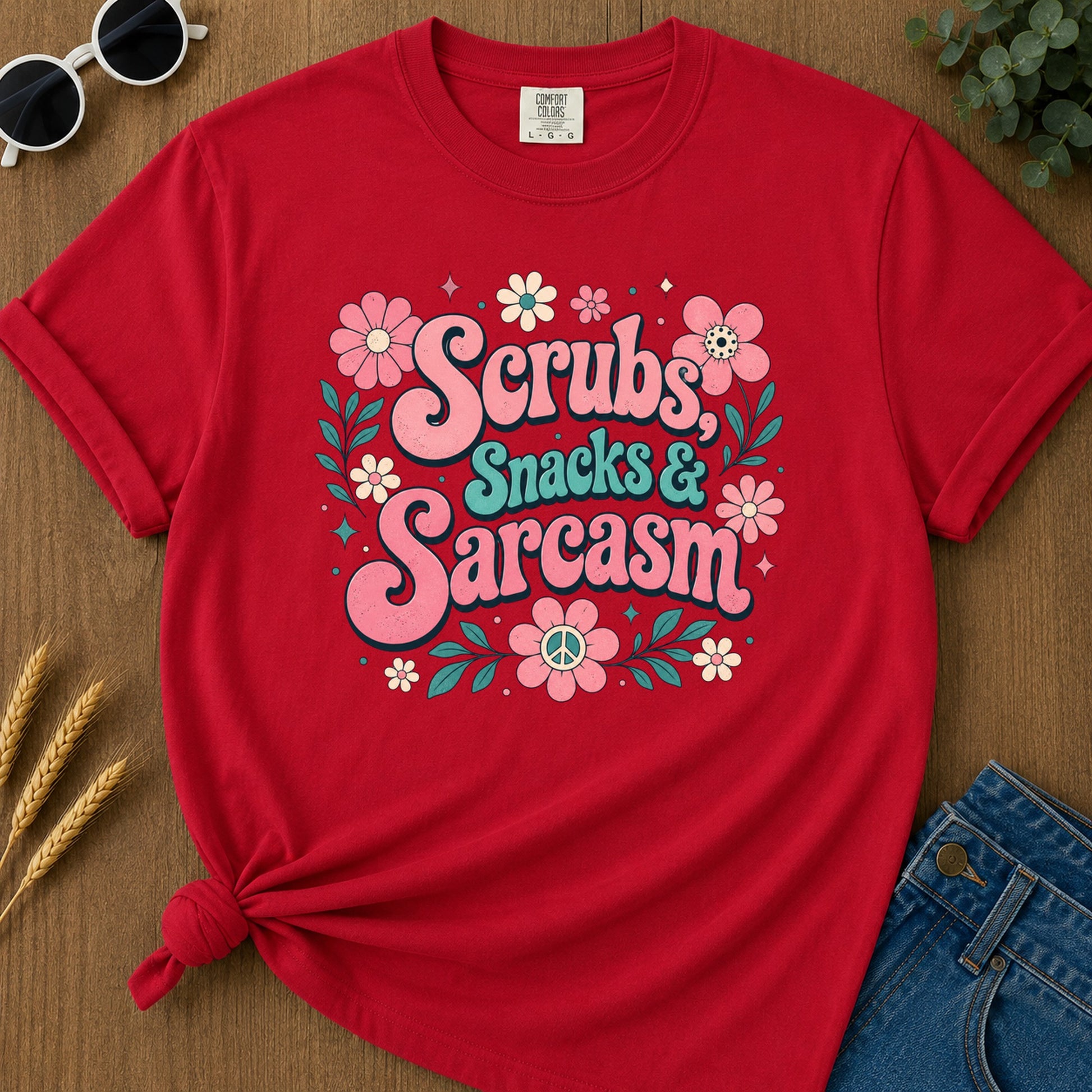 Scrubs Snacks Sarcasm T-Shirt - Red Mockup