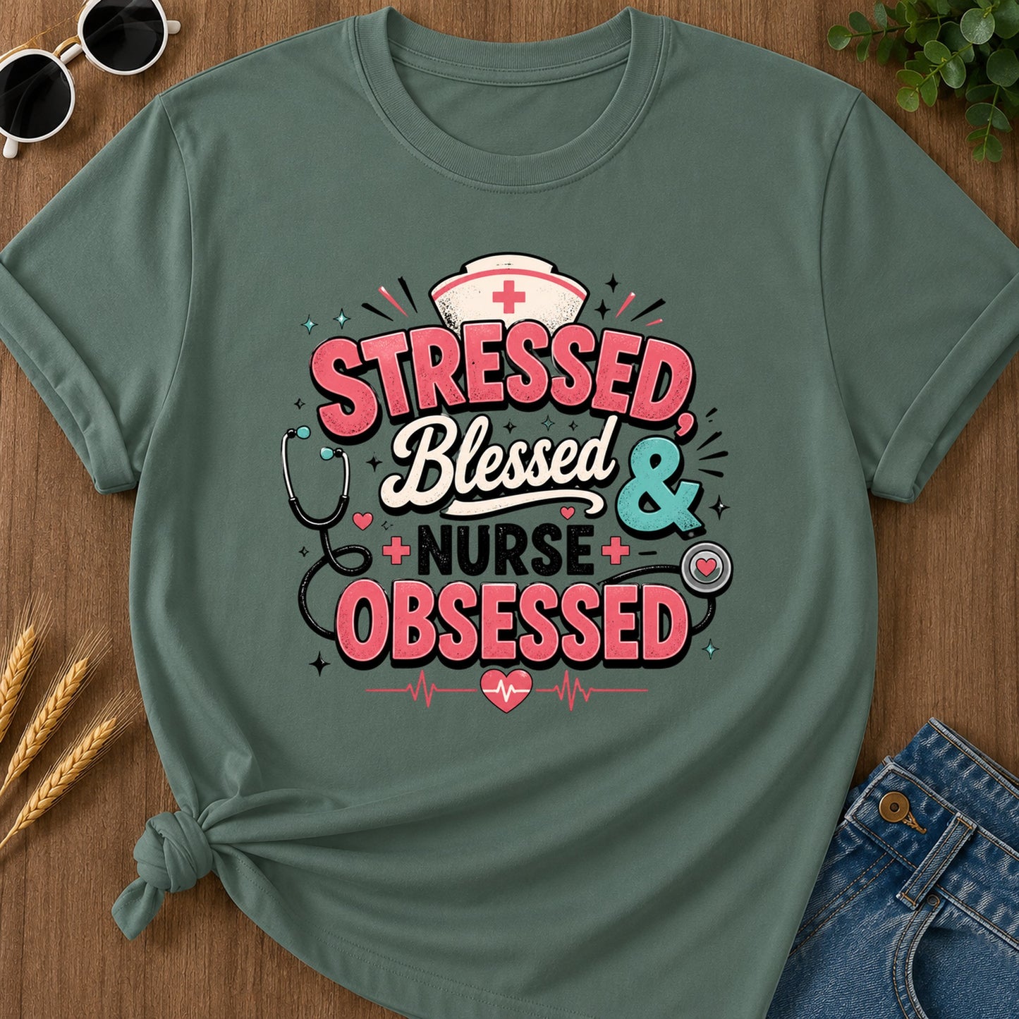 Tressed Blessed Obsessed T-Shirt - Blue Spruce Mockup