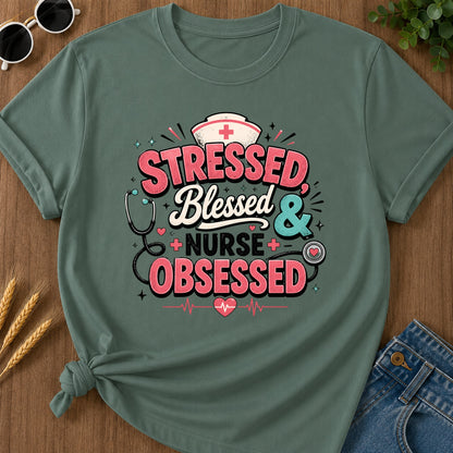 Tressed Blessed Obsessed T-Shirt - Blue Spruce Mockup