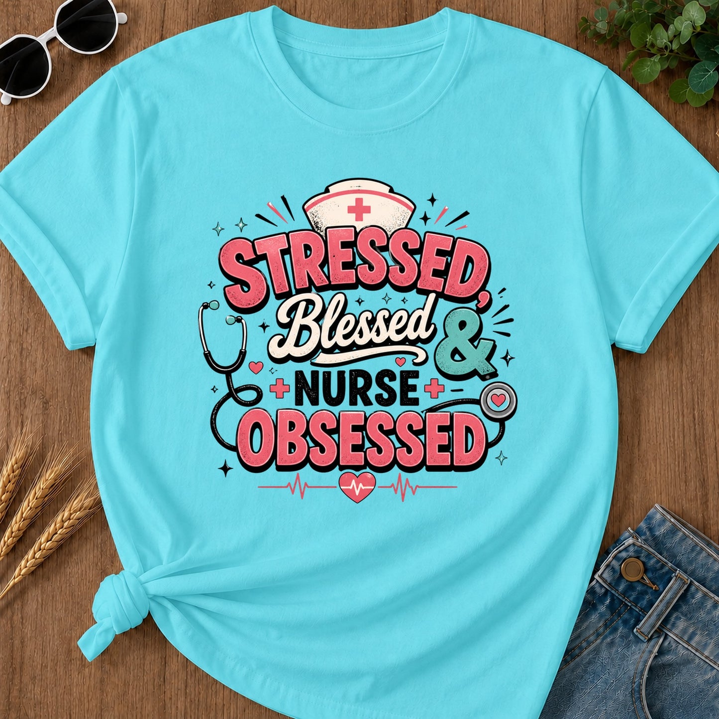 Tressed Blessed Obsessed T-Shirt - Lagoon Blue Mockup