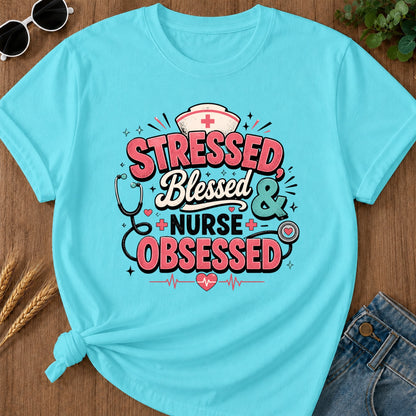 Tressed Blessed Obsessed T-Shirt - Lagoon Blue Mockup
