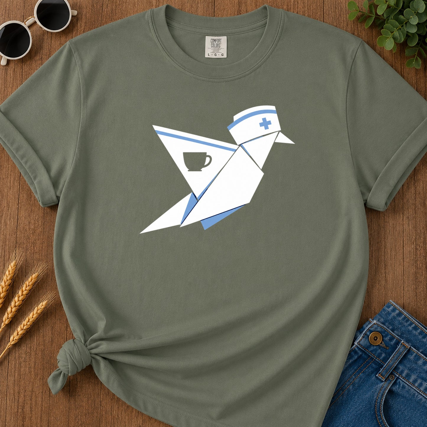 Origami Nurse T-Shirt - Moss Mockup