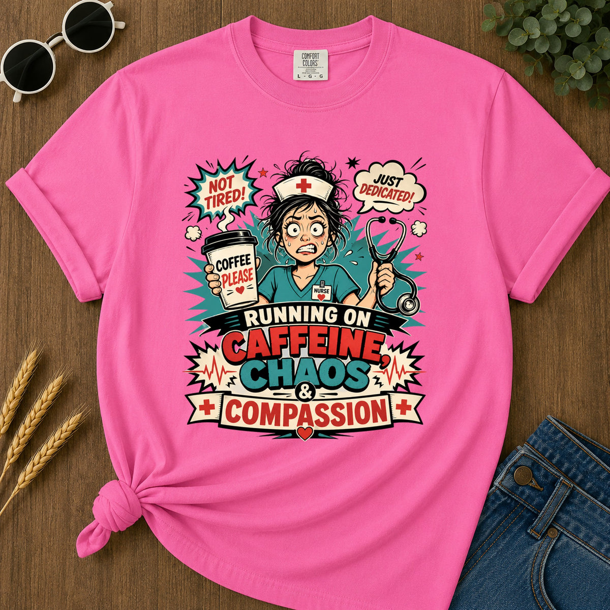Caffeine Chaos T-Shirt - Neon Pink Mockup
