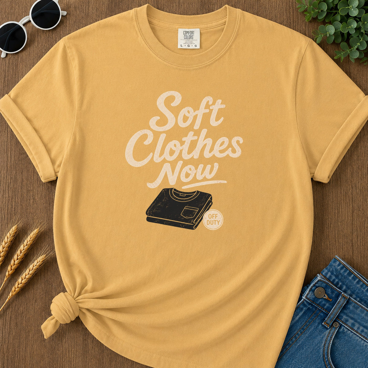 Soft Clothes Now T-Shirt - Mustard Mockup