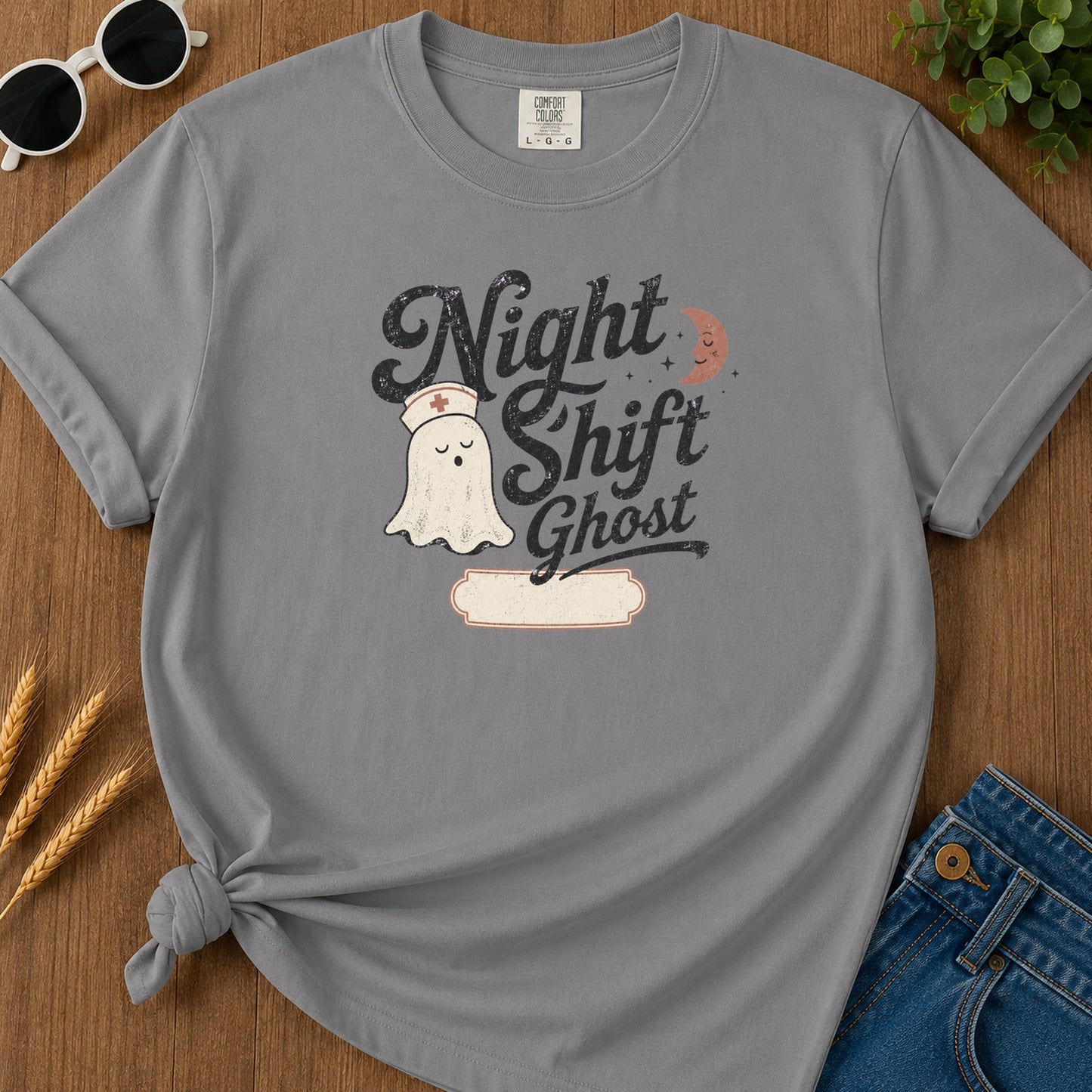 Night Shift Ghost T-Shirt - Grey Mockup