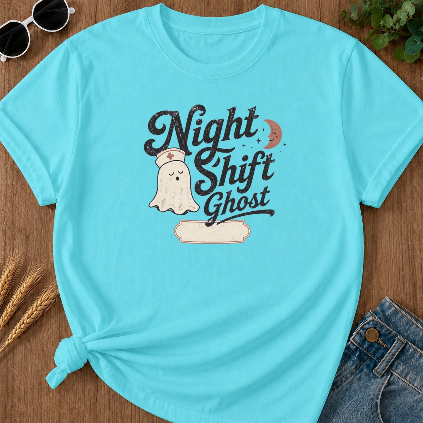 Night Shift Ghost T-Shirt - Lagoon Blue Mockup