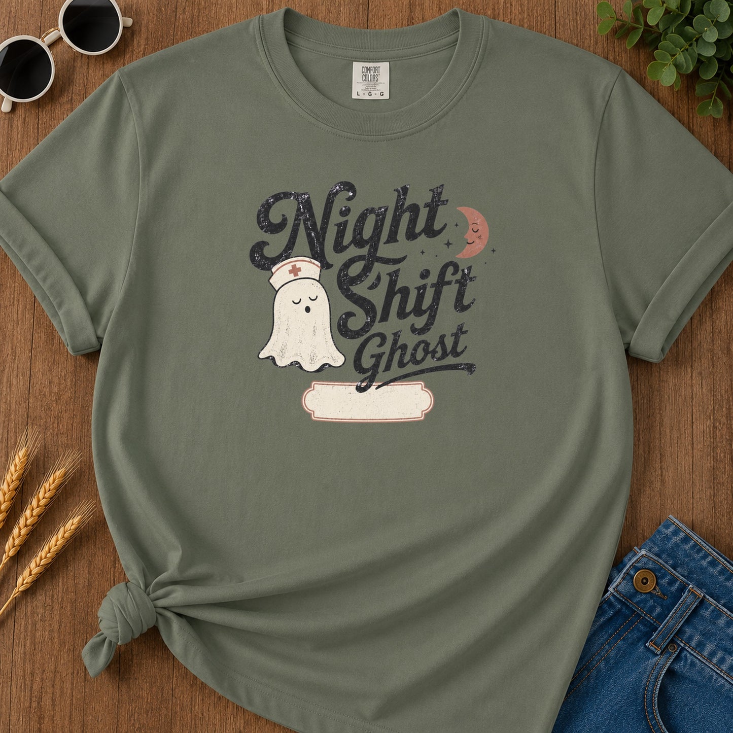 Night Shift Ghost T-Shirt - Moss Mockup