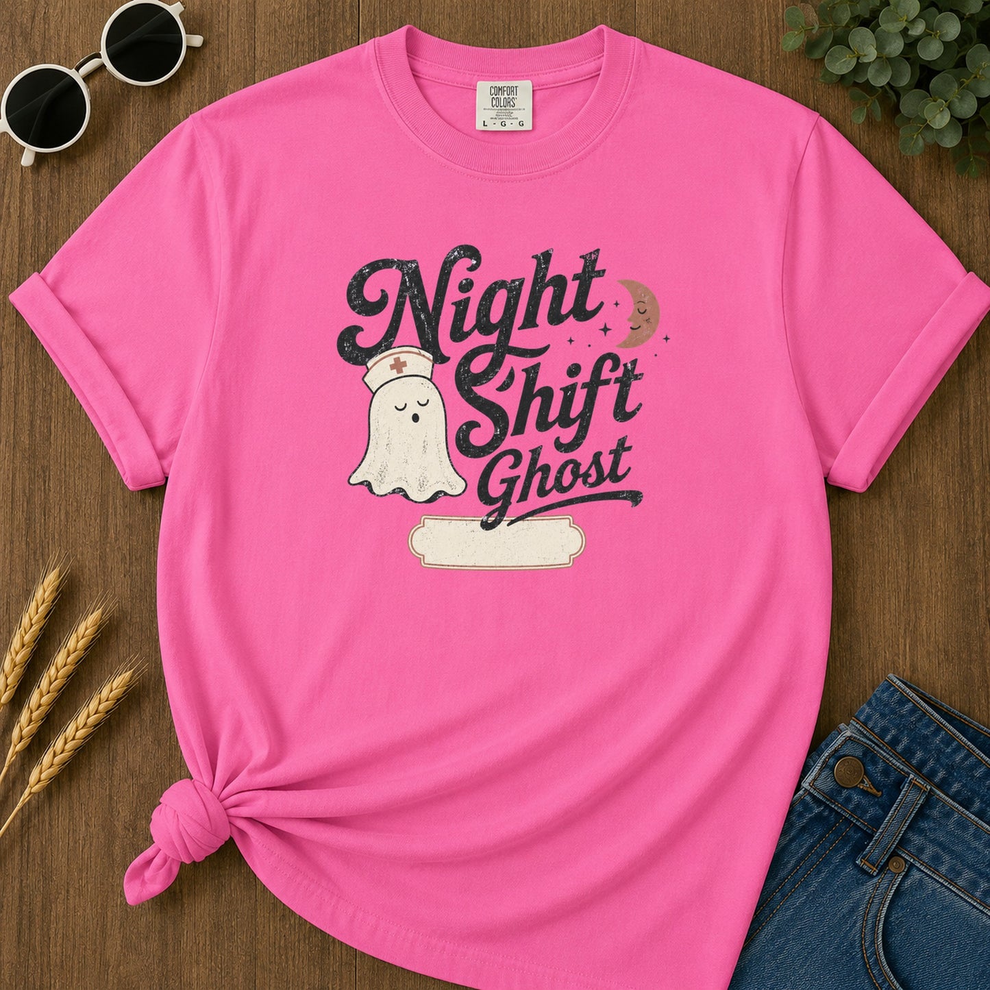 Night Shift Ghost T-Shirt - Neon Pink Mockup