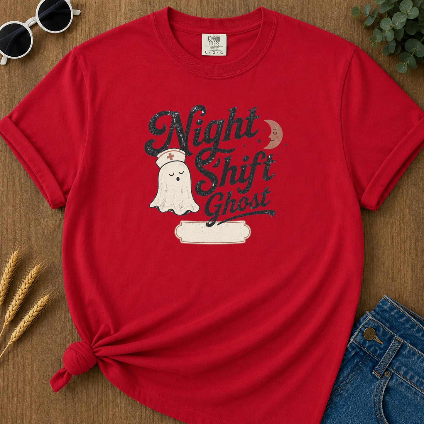 Night Shift Ghost T-Shirt - Red Mockup