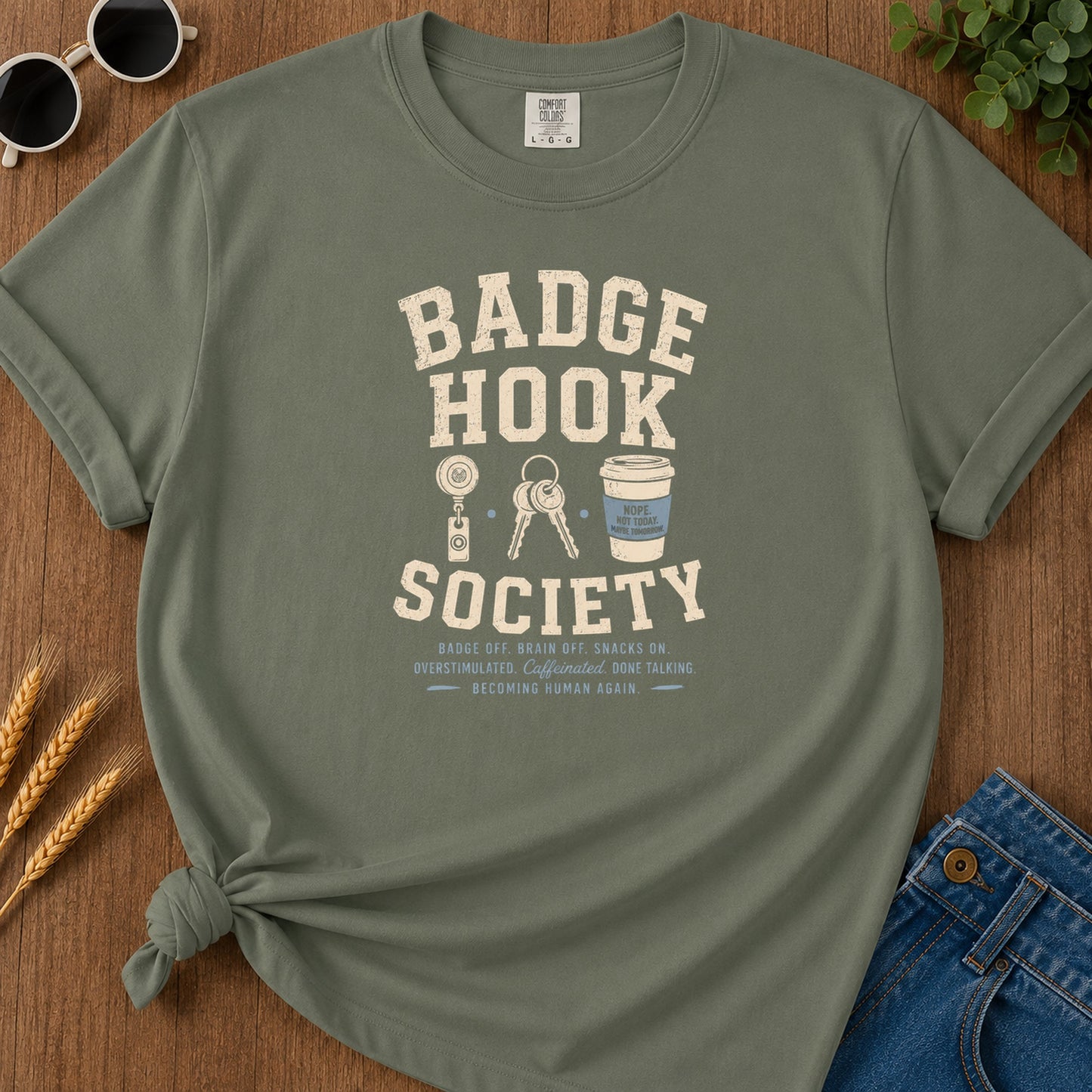 Badge Hook Society T-Shirt - Moss Mockup