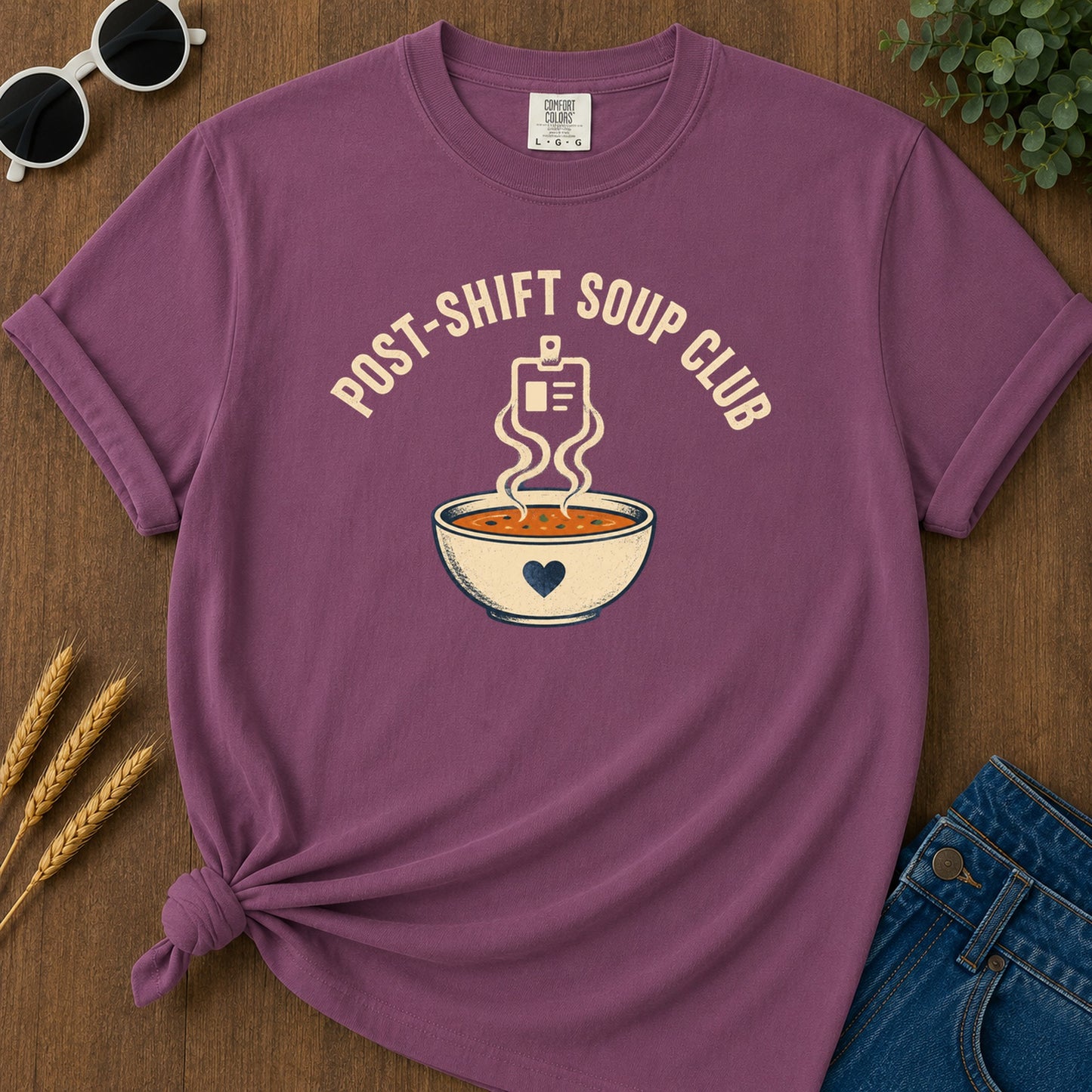 Post Shift Soup T-Shirt - Berry Mockup