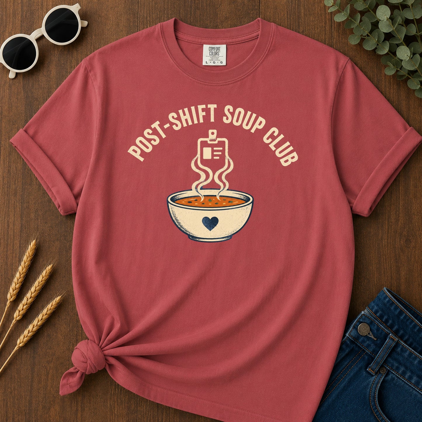 Post Shift Soup T-Shirt - Crimson Mockup
