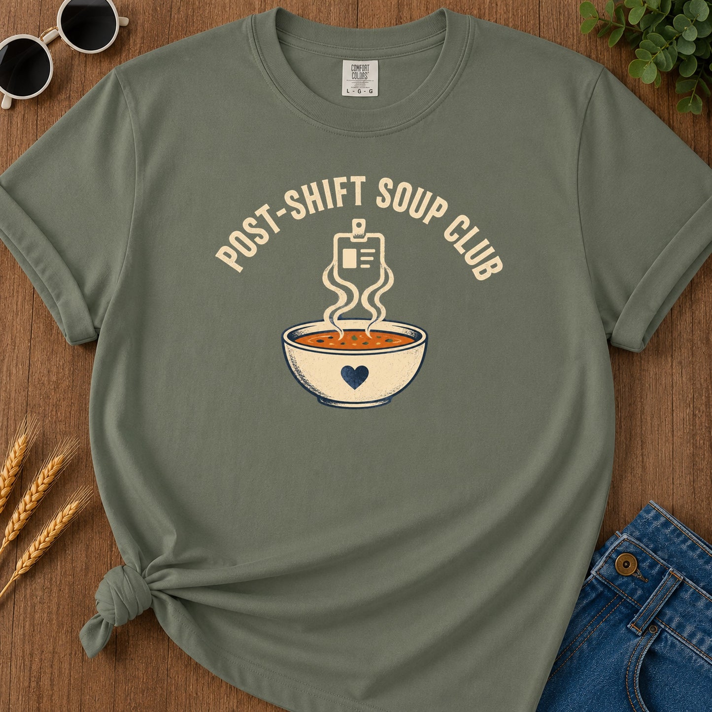 Post Shift Soup T-Shirt - Moss Mockup