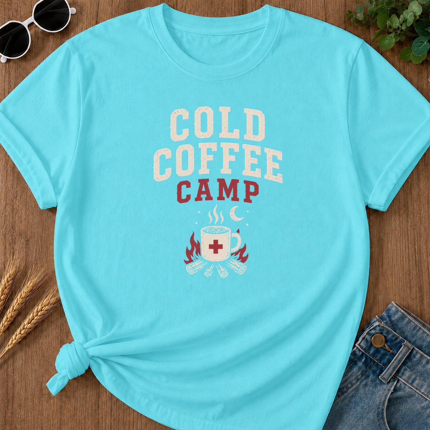 Cold Coffee Camp T-Shirt - Lagoon Blue Mockup