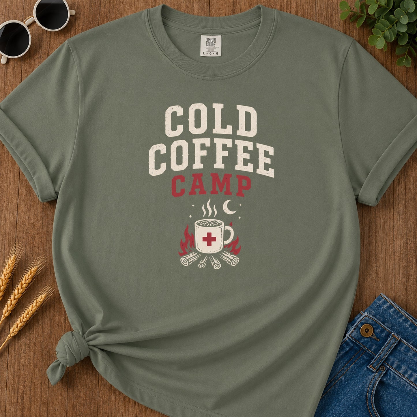 Cold Coffee Camp T-Shirt - Moss Mockup