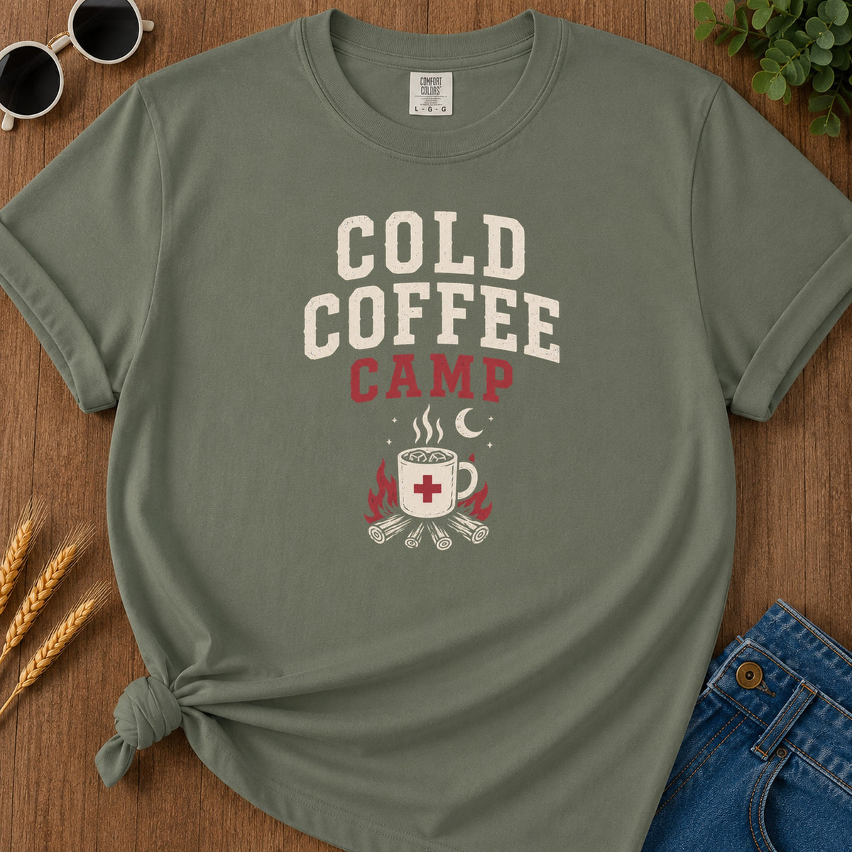 Cold Coffee Camp T-Shirt - Moss Mockup