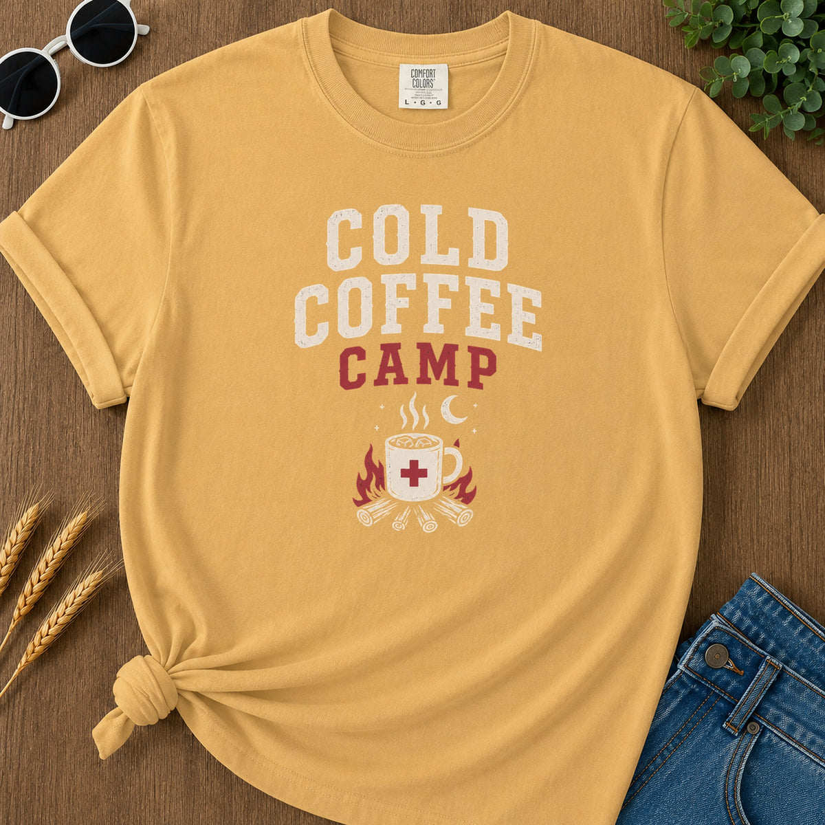 Cold Coffee Camp T-Shirt - Mustard Mockup