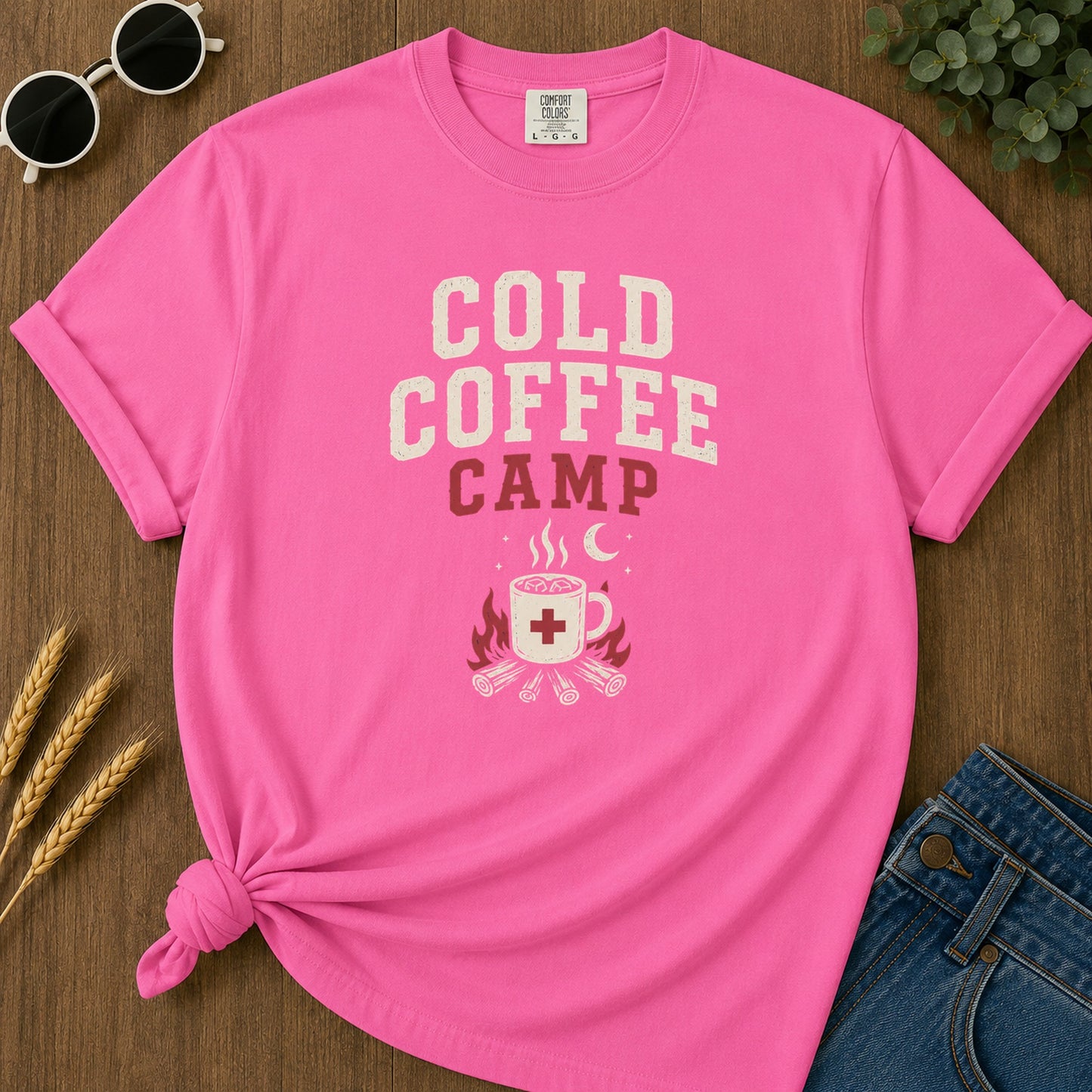 Cold Coffee Camp T-Shirt - Neon Pink Mockup