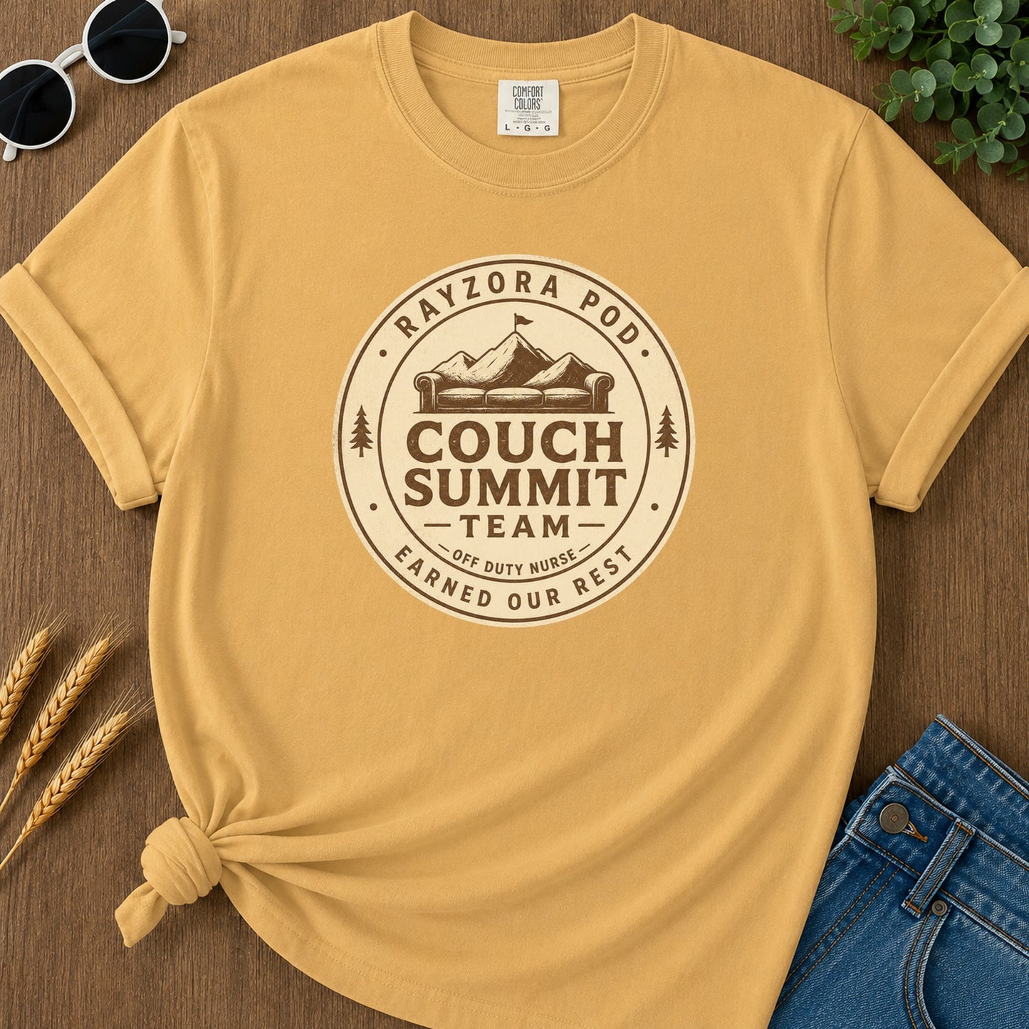 Couch Summit Team T-Shirt - Mustard Mockup