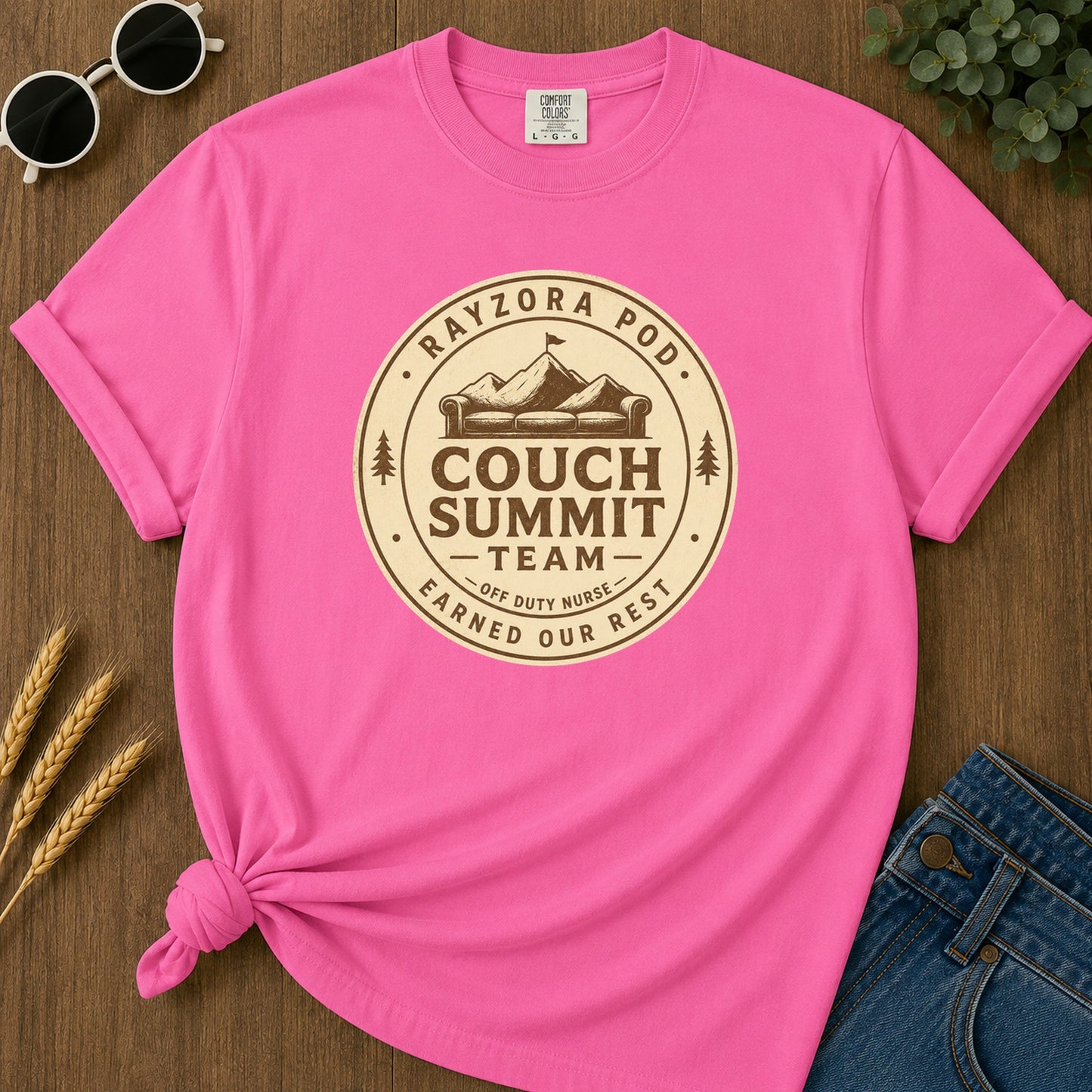 Couch Summit Team T-Shirt - Neon Pink Mockup