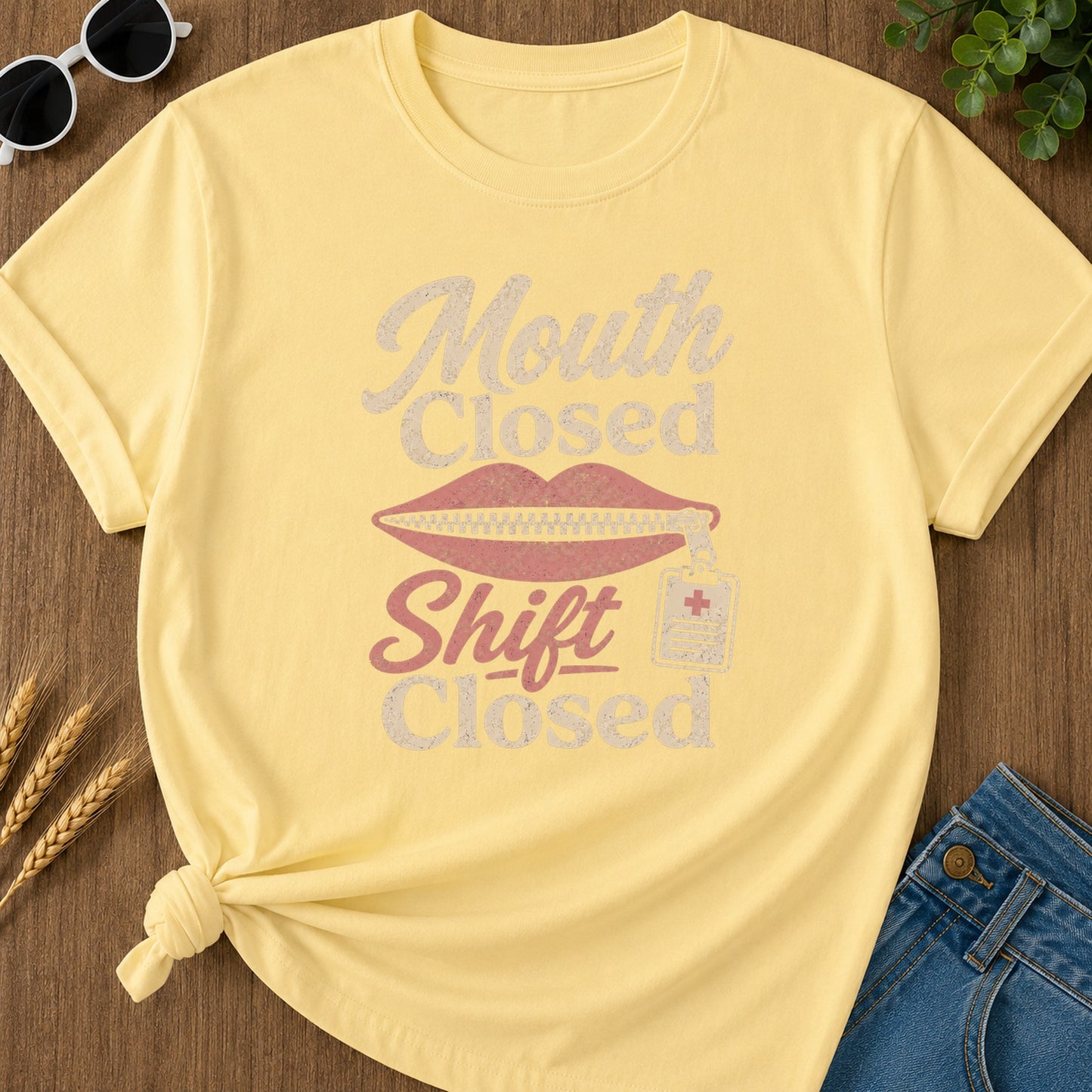 Mouth Closed Shift T-Shirt - Butter Mockup