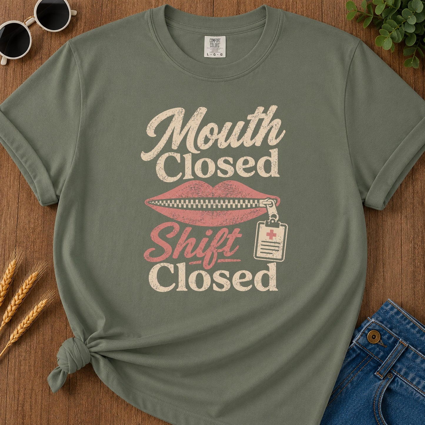 Mouth Closed Shift T-Shirt - Moss Mockup