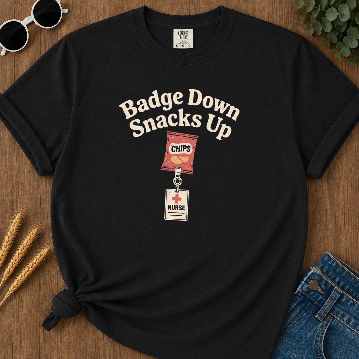 Badge Down Snacks Up T-Shirt - Black Mockup