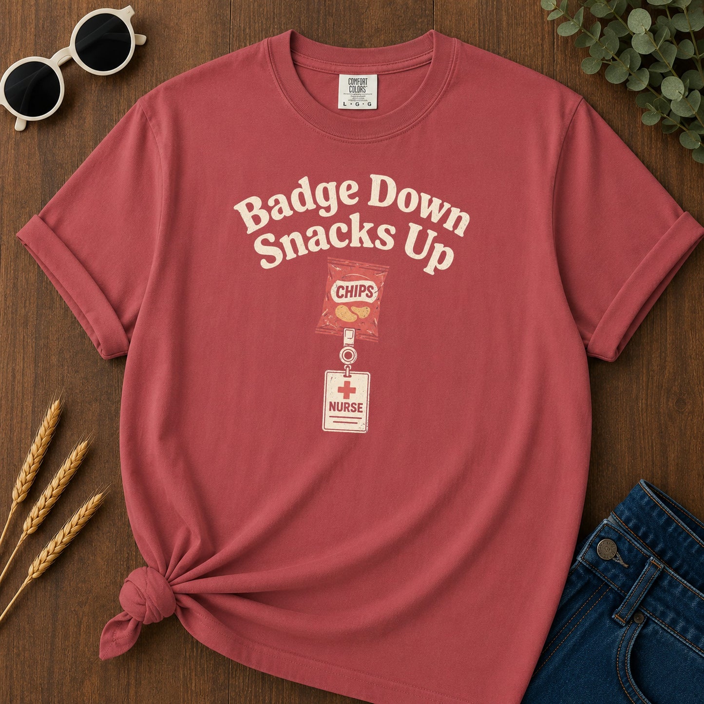 Badge Down Snacks Up T-Shirt - Crimson Mockup