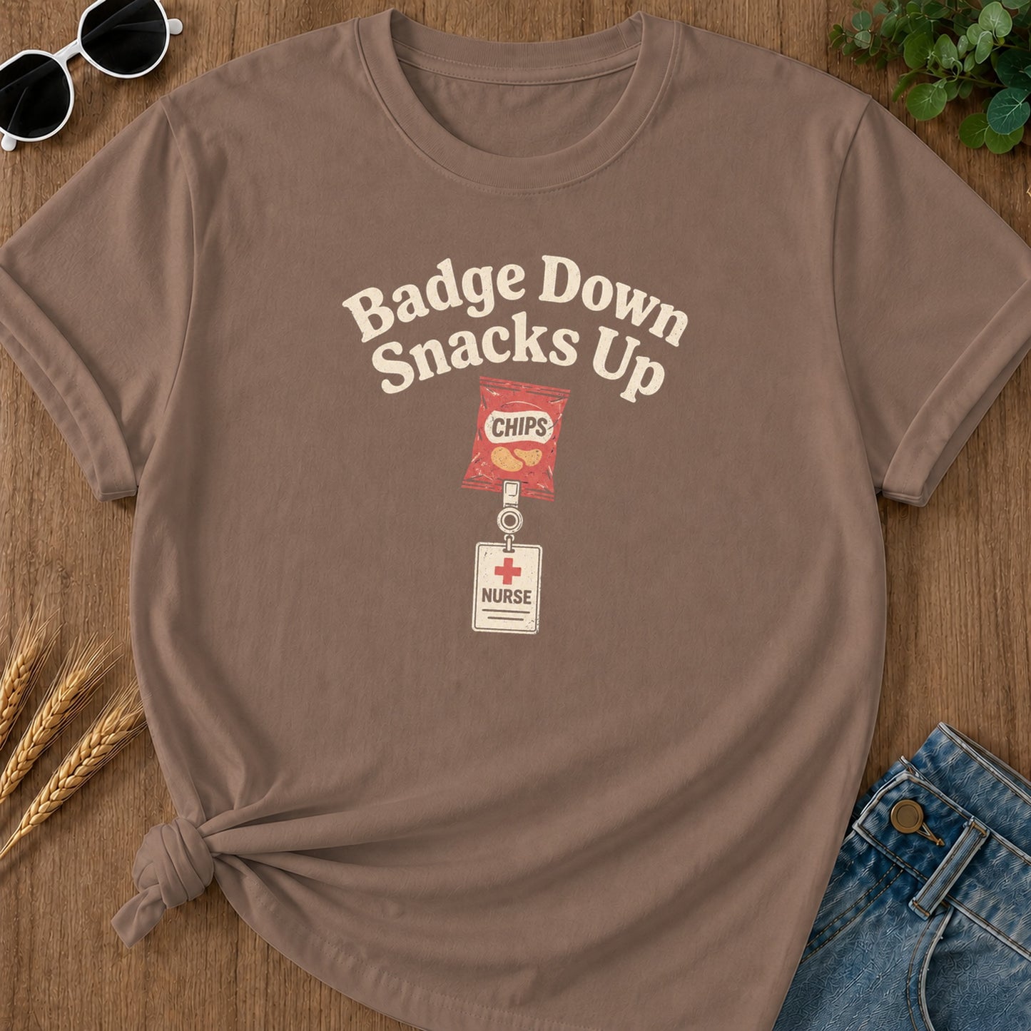 Badge Down Snacks Up T-Shirt - Espresso Mockup