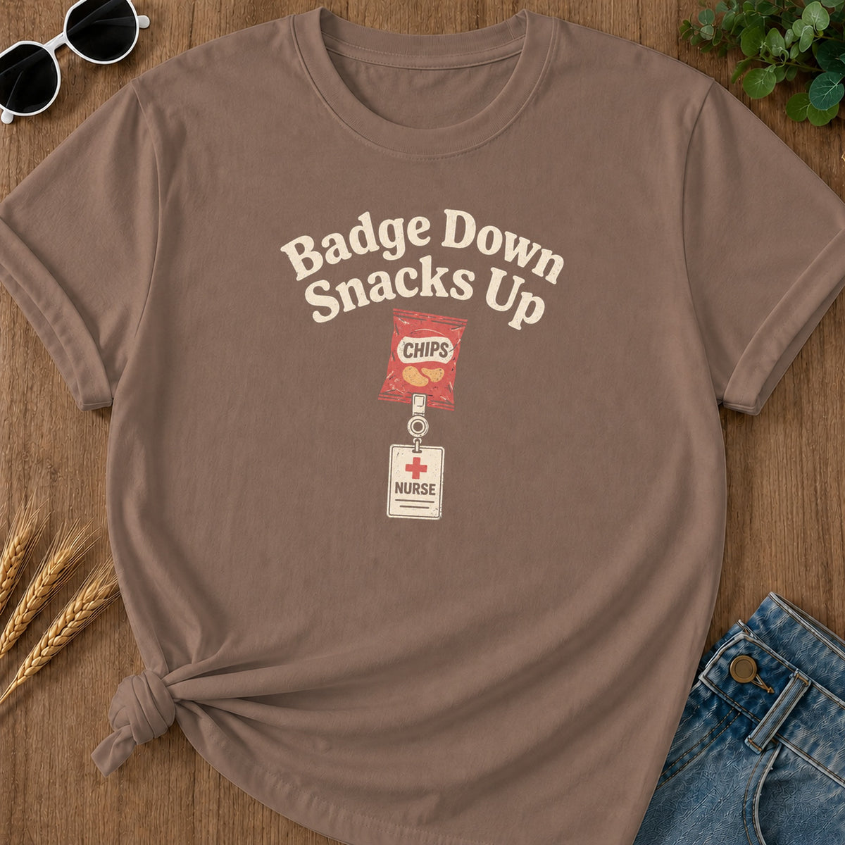 Badge Down Snacks Up T-Shirt - Espresso Mockup