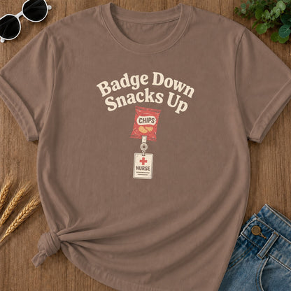 Badge Down Snacks Up T-Shirt - Espresso Mockup