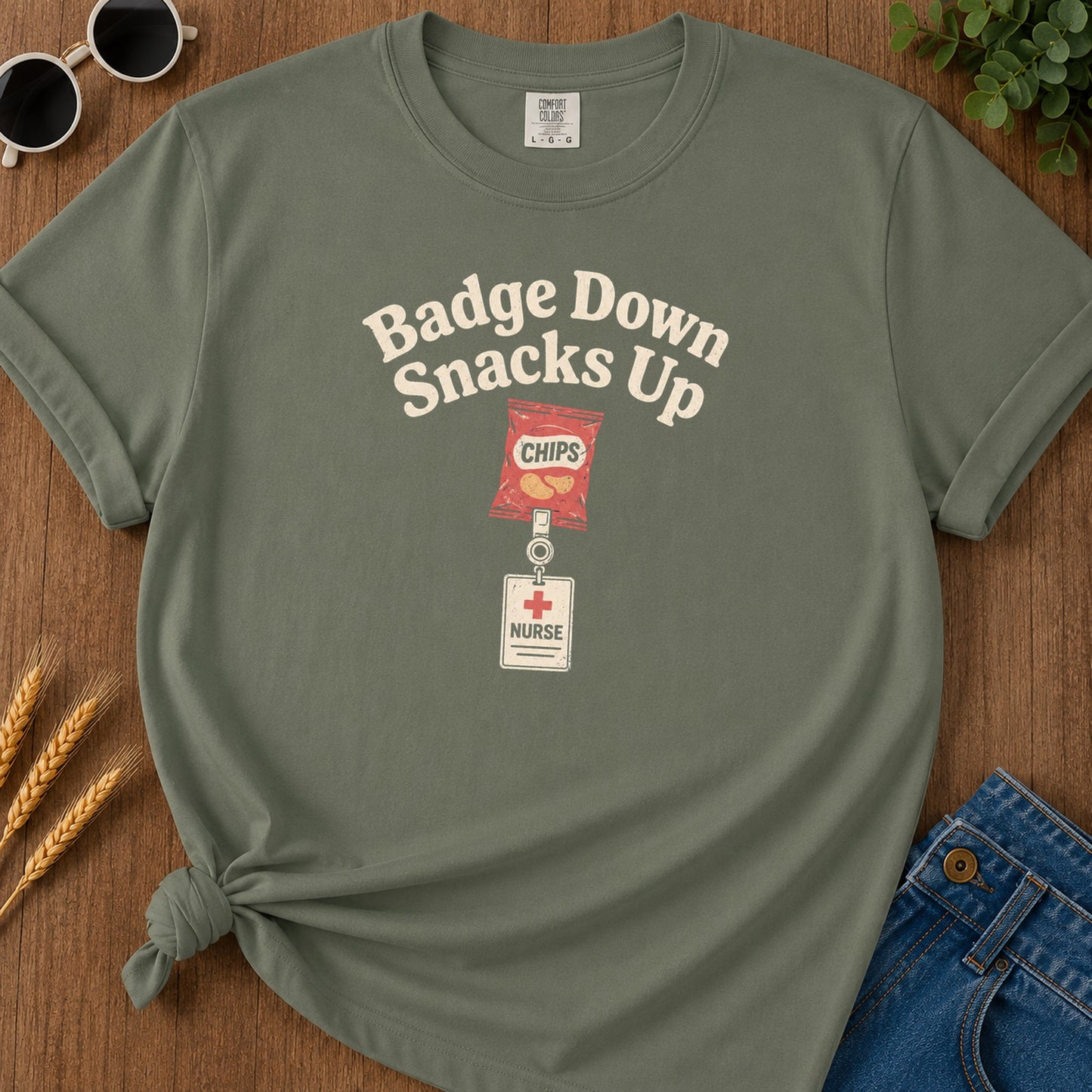 Badge Down Snacks Up T-Shirt - Moss Mockup