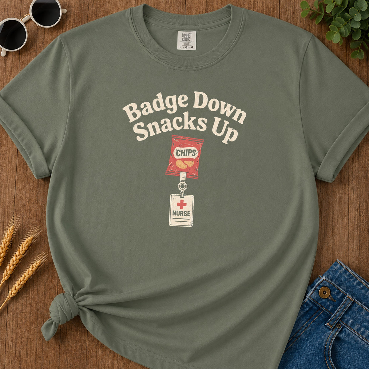 Badge Down Snacks Up T-Shirt - Moss Mockup