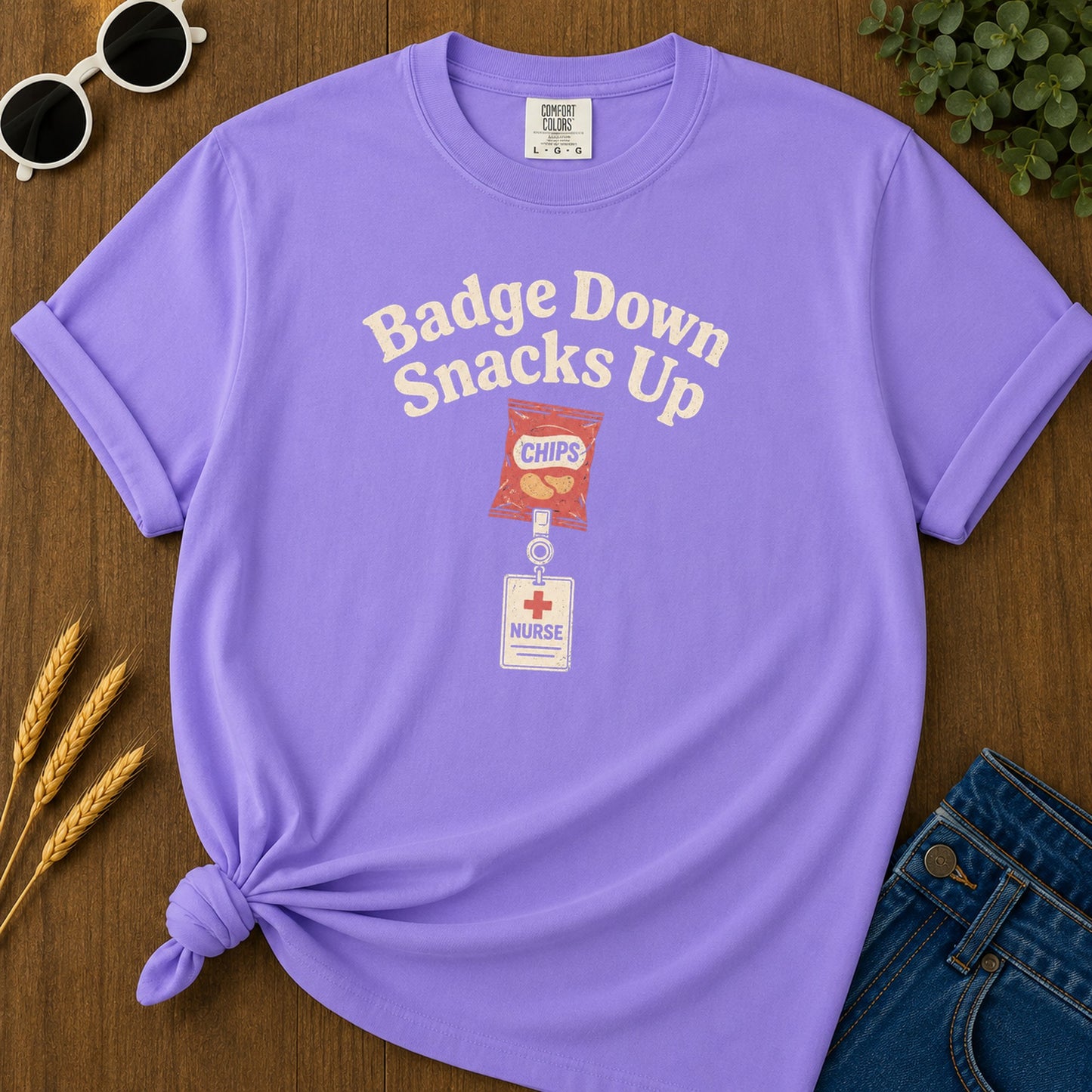 Badge Down Snacks Up T-Shirt - Violet Mockup
