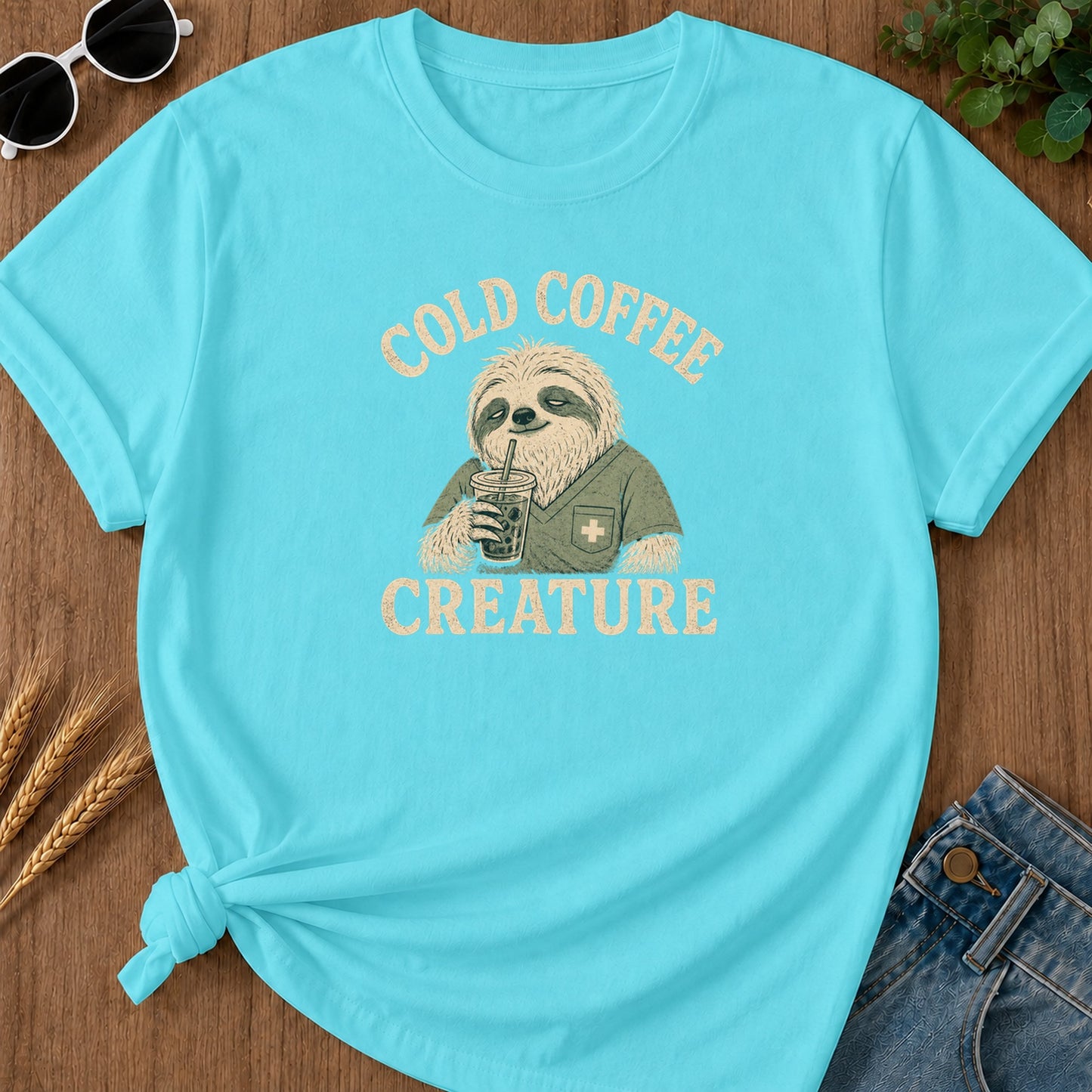 Cold Coffee Creature T-Shirt - Lagoon Blue Mockup