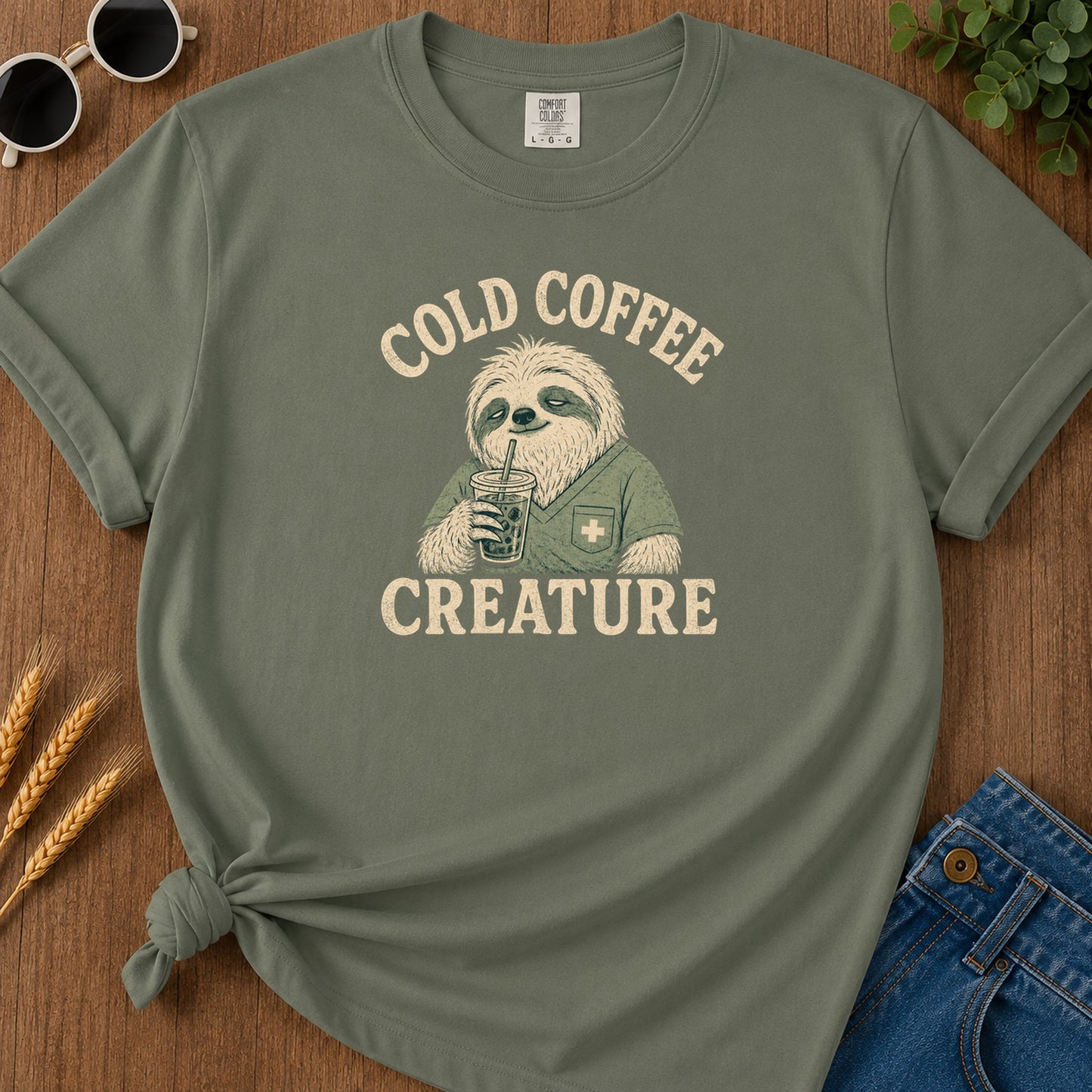 Cold Coffee Creature T-Shirt - Moss Mockup