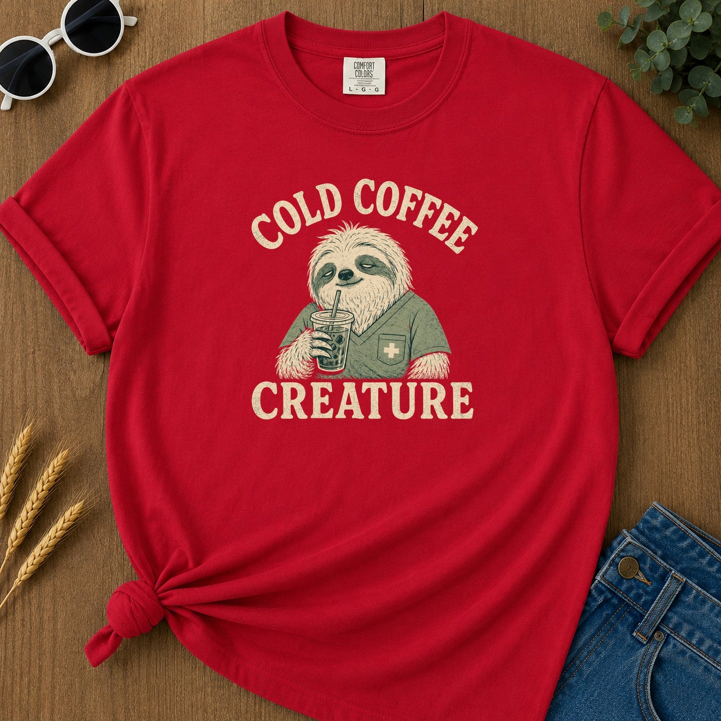 Cold Coffee Creature T-Shirt - Red Mockup