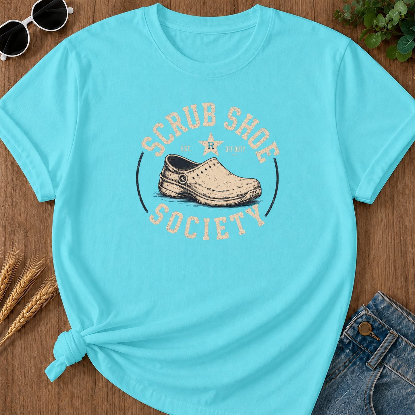 Scrub Shoe Society T-Shirt - Lagoon Blue Mockup