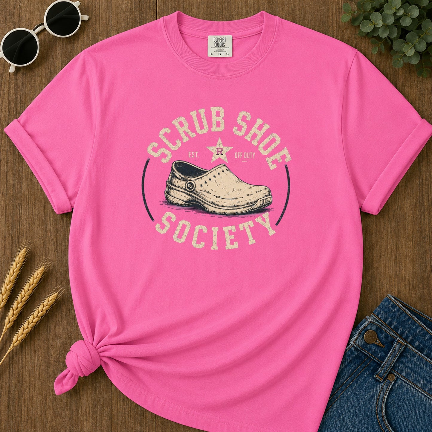 Scrub Shoe Society T-Shirt - Neon Pink Mockup